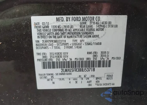 2011 Lincoln Mkt из США, поврежденный, VIN 2LMHJ5FR3BBJ53718